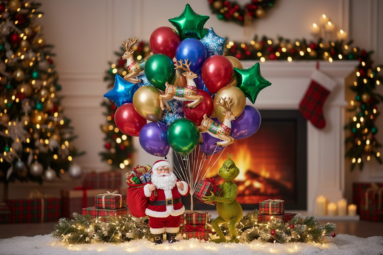 foto en vertical de globos de navidad, renos, papa noel , grinch